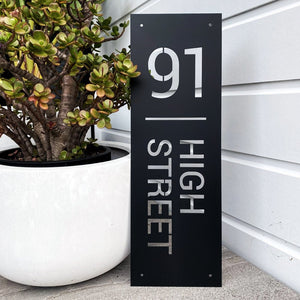 Modern black steel address sign for new home designer NZ