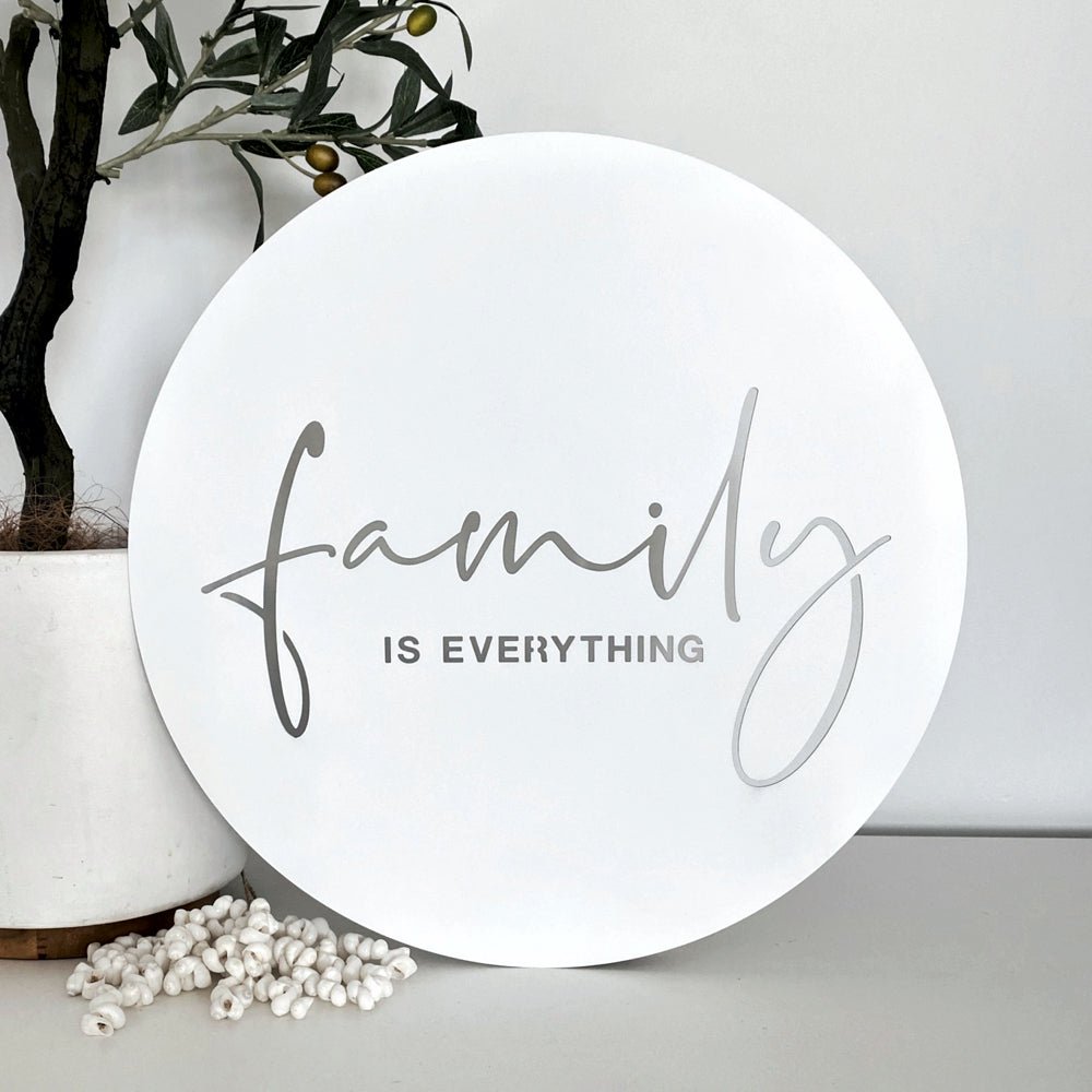 Family is Everything NZ made wall art.  white homewares. 