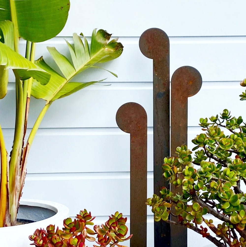 NZ outdoor garden art corten steel koru stakes by LisaSarah Steel Designs. 