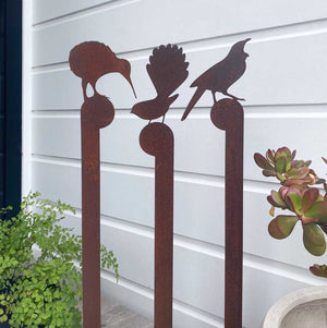 NZ corten garden metalbird stakes kiwi, fantail & tui garden stakes set - LisaSarah Steel Designs NZ