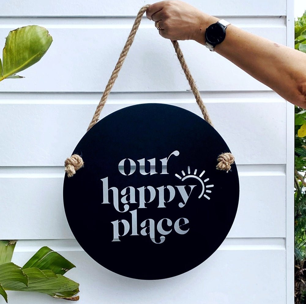 Our Happy Place black steel wall art for walls NZ.