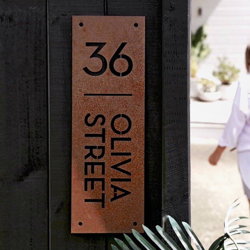 Corten steel mid century modern address sign for home.  NZ made.