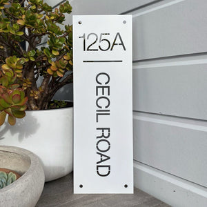 Vertical white steelHouse Number or Address Sign: Exquisite Design Crafted in NZ Australia by LisaSarah Steel Designs