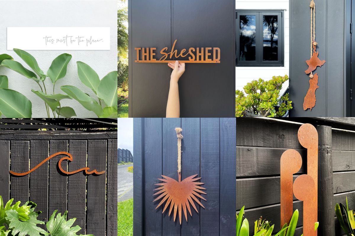 Outdoor metal art NZ – Fence and garden wall décor featuring Corten and black steel sculptures, handmade in New Zealand