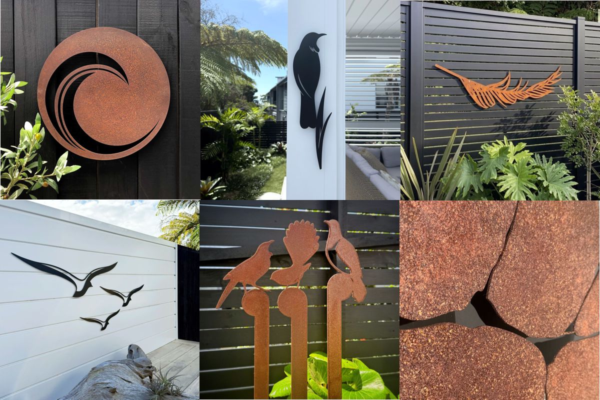Large waterproof wall art on outdoor wall in modern New Zealand home, 