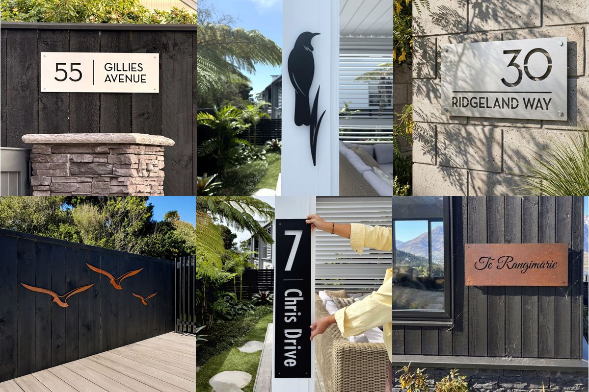 Aluminium art, corten art and a marine-grade stainless steel address sign for New Zealand coastal homes