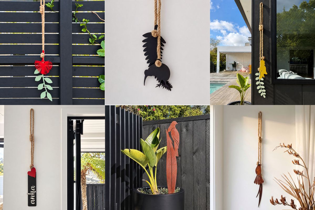 NZ made Christmas gifts - native bird and pohutukawa metal wall art styled in a New Zealand home and garden.