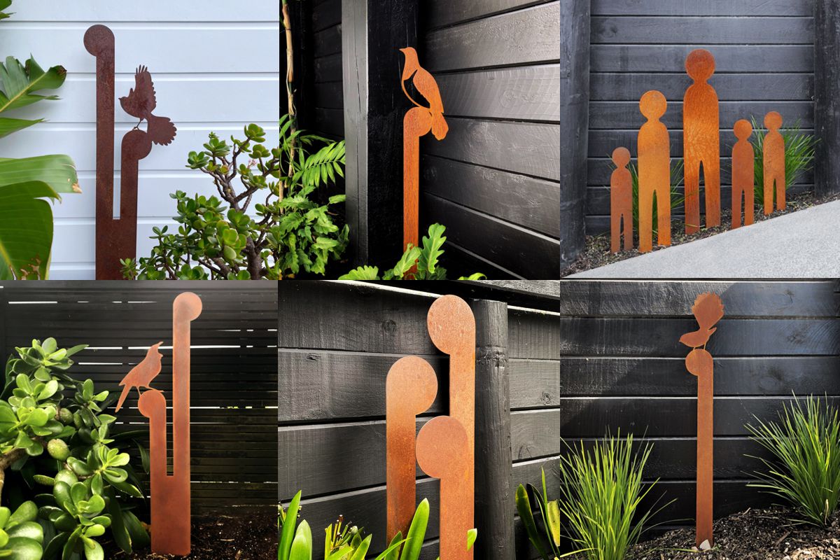 Corten steel garden sculptures in a New Zealand garden – handcrafted outdoor art by LisaSarah