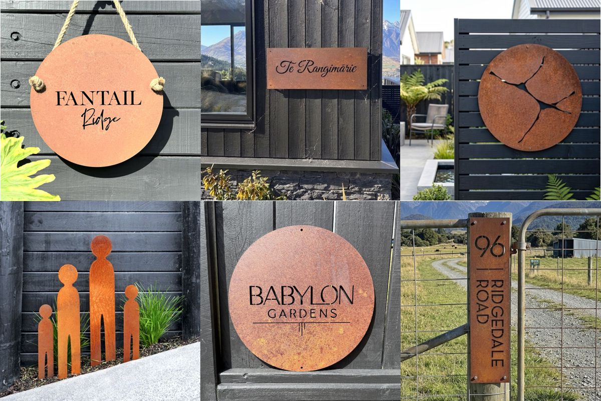 Corten steel address sign and outdoor wall art in New Zealand garden setting