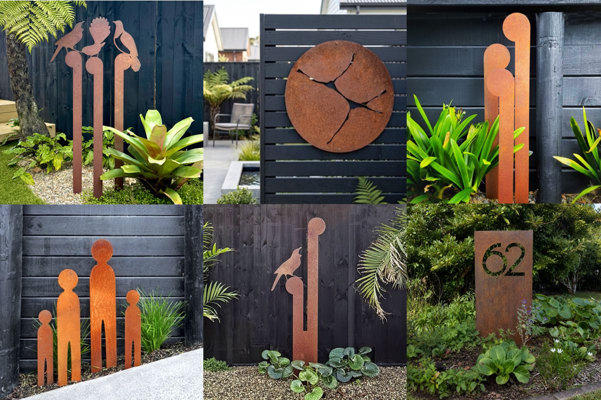 corten steel garden art nz in modern landscaped outdoor space