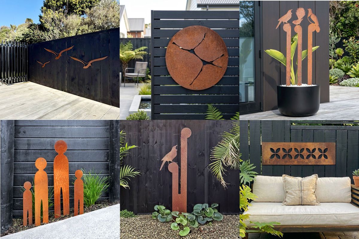 Corten steel garden art in a New Zealand garden. 