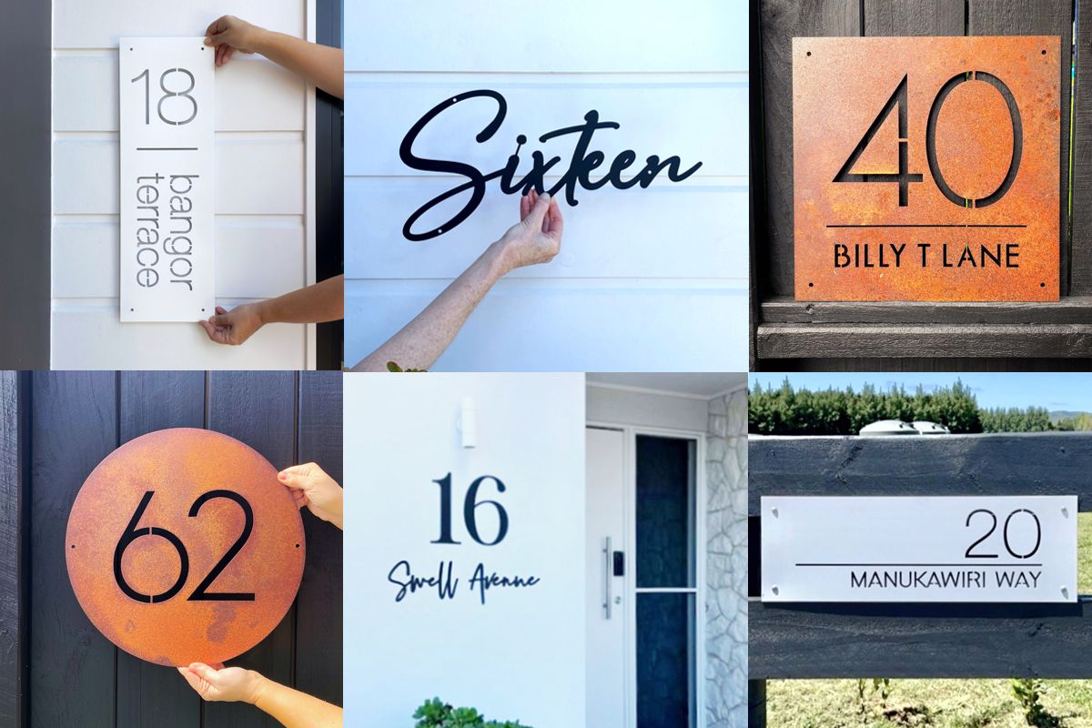 Modern steel house numbers mounted with stand-offs on a New Zealand modern home exterior