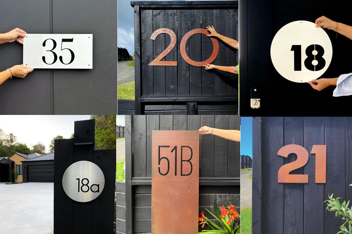 Modern steel house numbers and address sign designed for visibility and durability on a New Zealand home exterior.