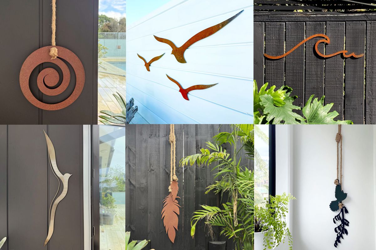 Selection of NZ-made outdoor wall art by LisaSarah – steel designs featuring native birds, flora & minimalist forms
