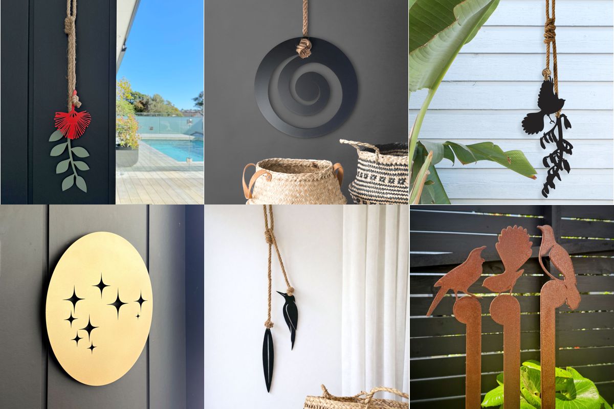 Kiwiana wall art on living room and garden wall of modern home in New Zealand