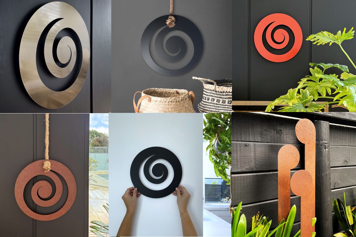 NZ-made steel koru wall art by LisaSarah, inspired by Māori design for outdoor garden décor in New Zealand