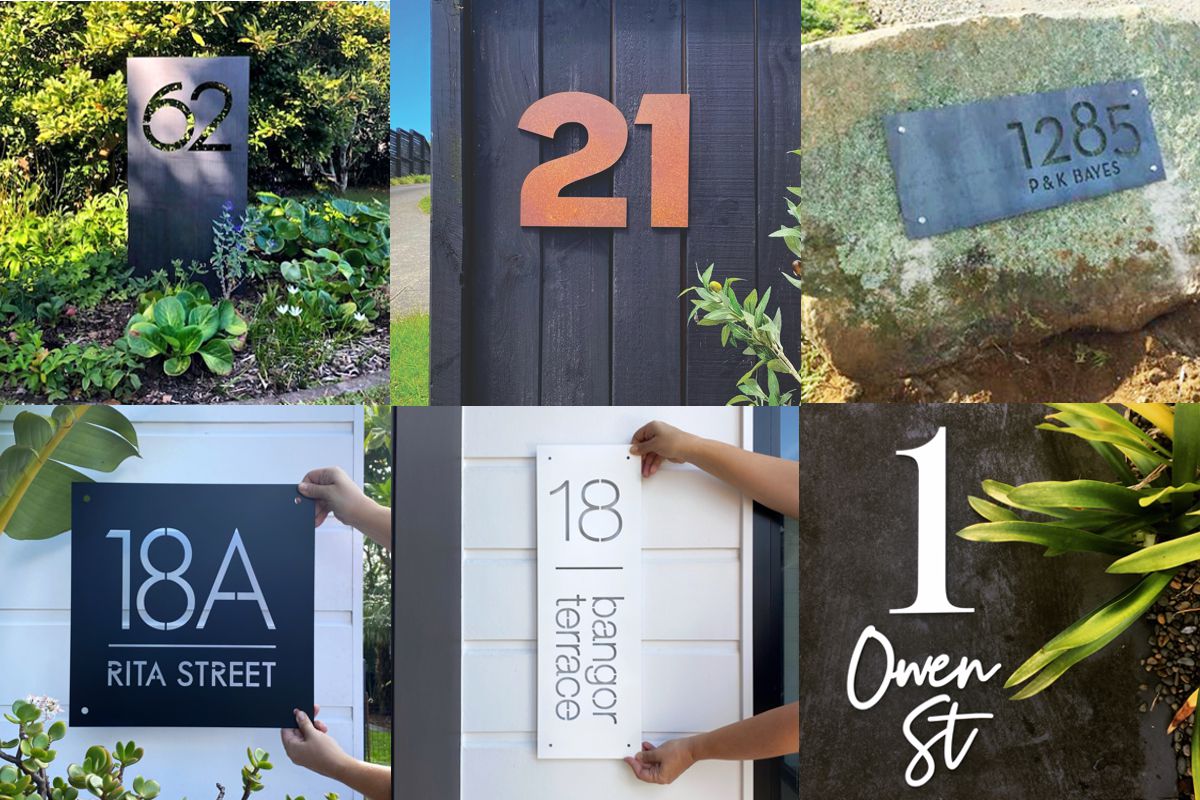 Custom steel house numbers and address sign designed for an outdoor home exterior in New Zealand
