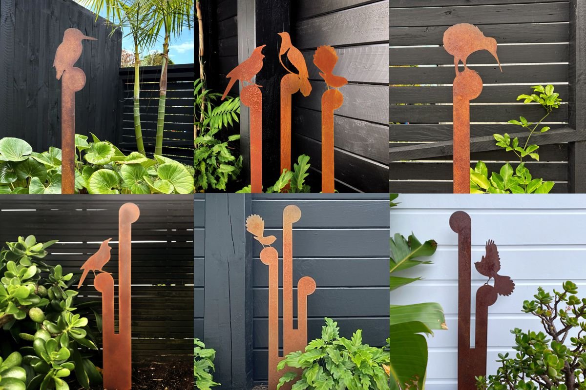 NZ-made large corten steel garden bird sculptures, handcrafted steel garden art for stylish New Zealand gardens