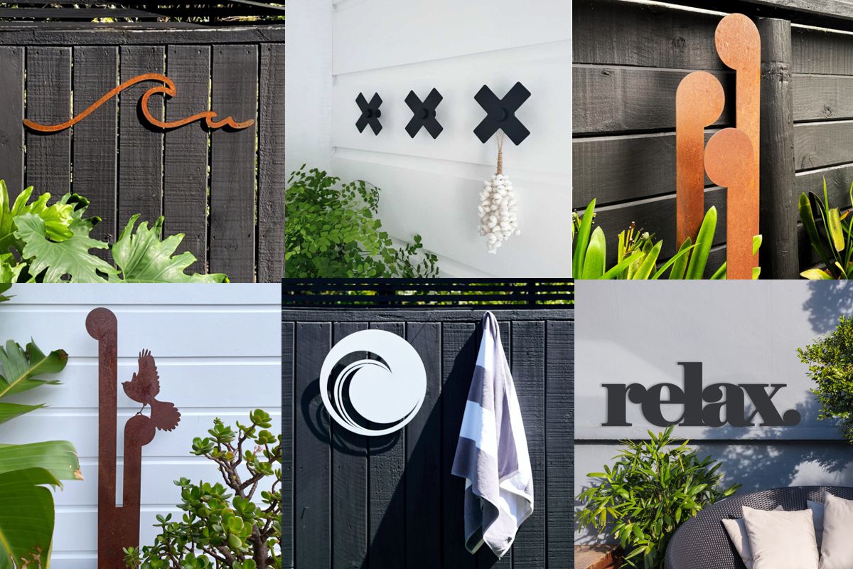 Outdoor garden art trends in NZ including steel bird sculptures, corten wall panels, coastal typography, modular decor, and functional signs