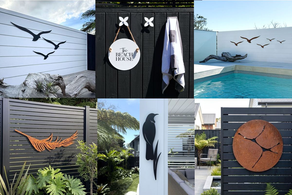Outdoor Wall Art NZ metal wall art on fence beside modern pool area
