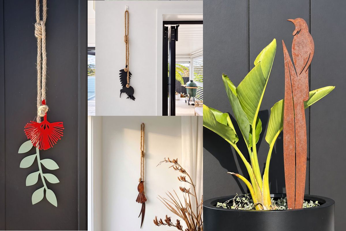 Kiwiana steel wall art gifts - silver fern, kiwi, jandals and pōhutukawa hanging on rope