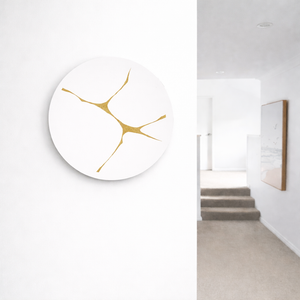 Kintsugi round metal wall art in Dulux Okarito with matte gold aluminium backing, 45cm NZ made architectural wall decor