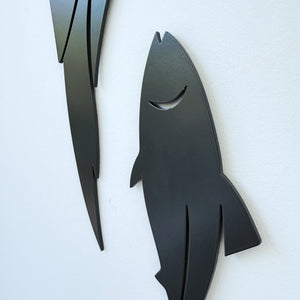 Close up detail of matte black kingfisher (kotare) wall art in 3mm aluminium