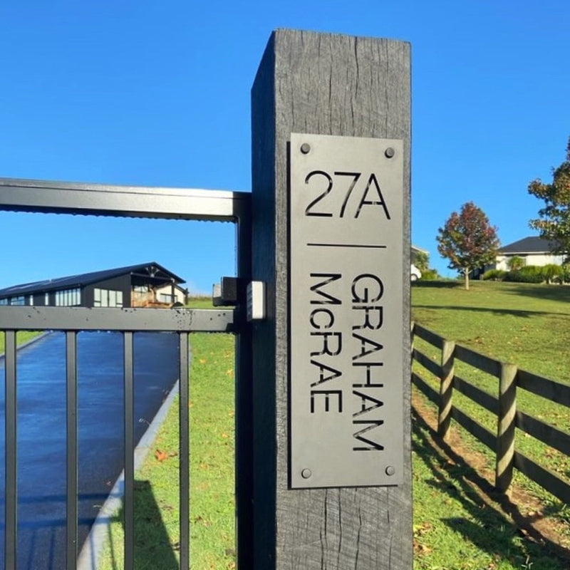 Custom steel address sign on modern New Zealand home - black metal address plaque Z made.