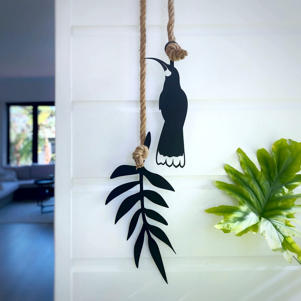 Huia & fern, black with natural rope