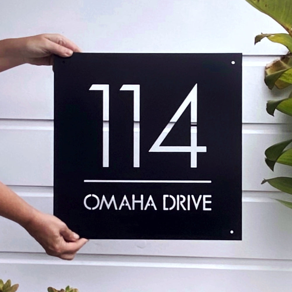 custom address sign.  Large square in black steel.  Made in New Zealand by LisaSarah Steel Designs