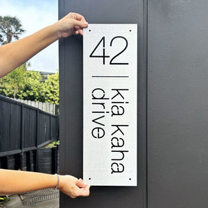 Outdoor address plaque in marine-grade stainless steel, suitable for NZ and AU conditions