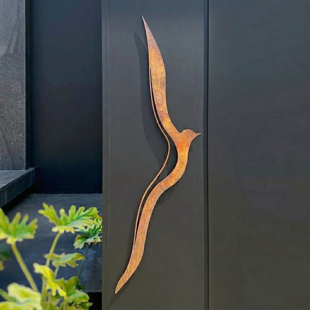 Vertical corten steel albatross wall art NZ – abstract minimalist design – LisaSarah Steel Designs