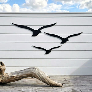 Front view of set of 3 black aluminium albatross wall art on a white wall, modern NZ-made outdoor metal decor