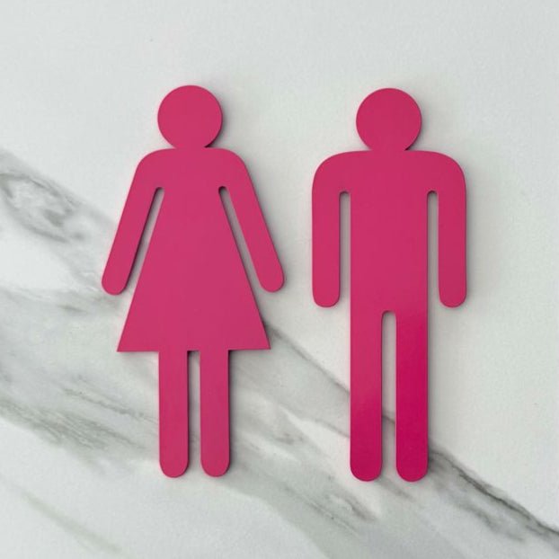 Hot pink steel bathroom symbols – handcrafted metal wall art NZ for modern bathrooms
