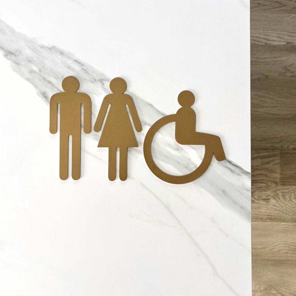 bathroom symbols set of 3 | with accessible symbol | matte gold stainless