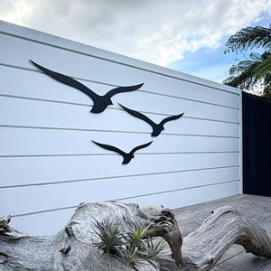 Set of 3 black aluminium albatross wall art on a white outdoor wall, modern NZ-made metal bird decor for backyard styling