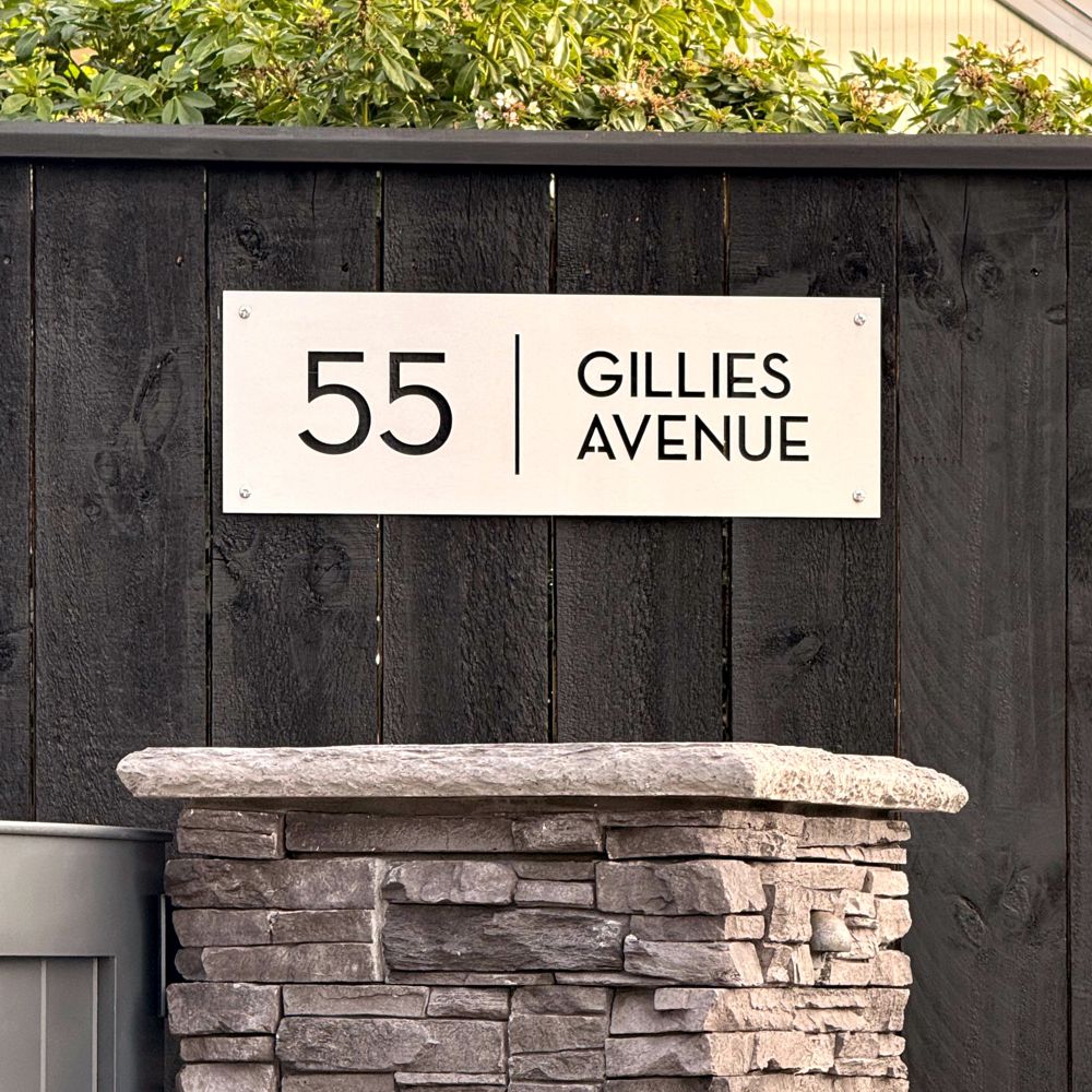 Neutra style black steel address sign on NZ home – mid century modern – LisaSarah Steel Designs