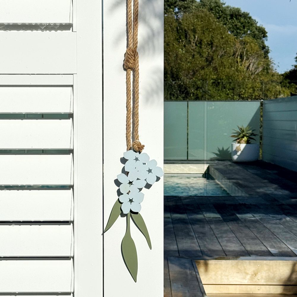 Chatham Island forget-me-not steel wall art, pale blue and sage green, NZ made gift. 