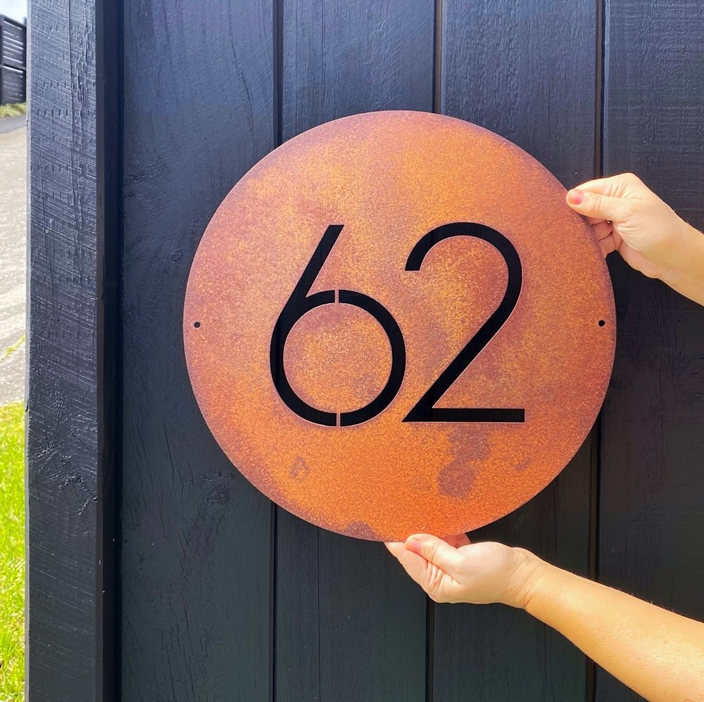 Custom circle House Number sign NZ-made.  Modern House Numbers