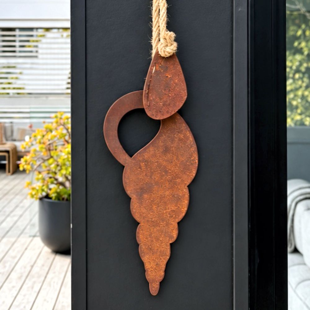 Corten steel shells wall hanging, two pre-rusted shells tied on rope, by LisaSarah Steel Designs NZ