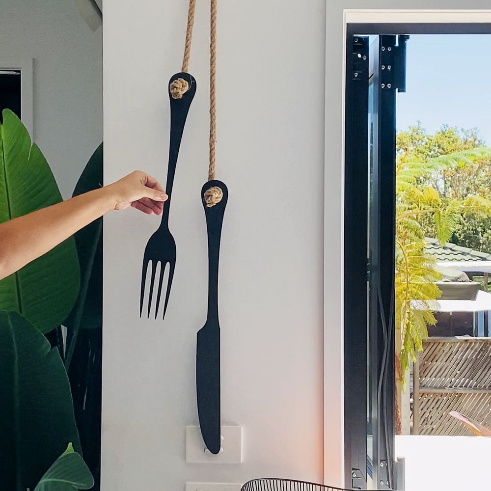 large cutlery (knife & fork) wall decor | black w natural rope