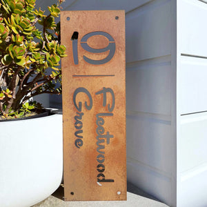 Mid-century inspired corten steel address sign for traditional New Zealand homes