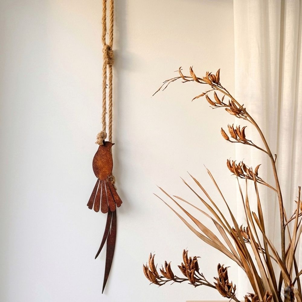 Fantail wall art NZ, corten steel piwakawaka garden art, NZ made metal bird wall decor for outdoor walls and gardens