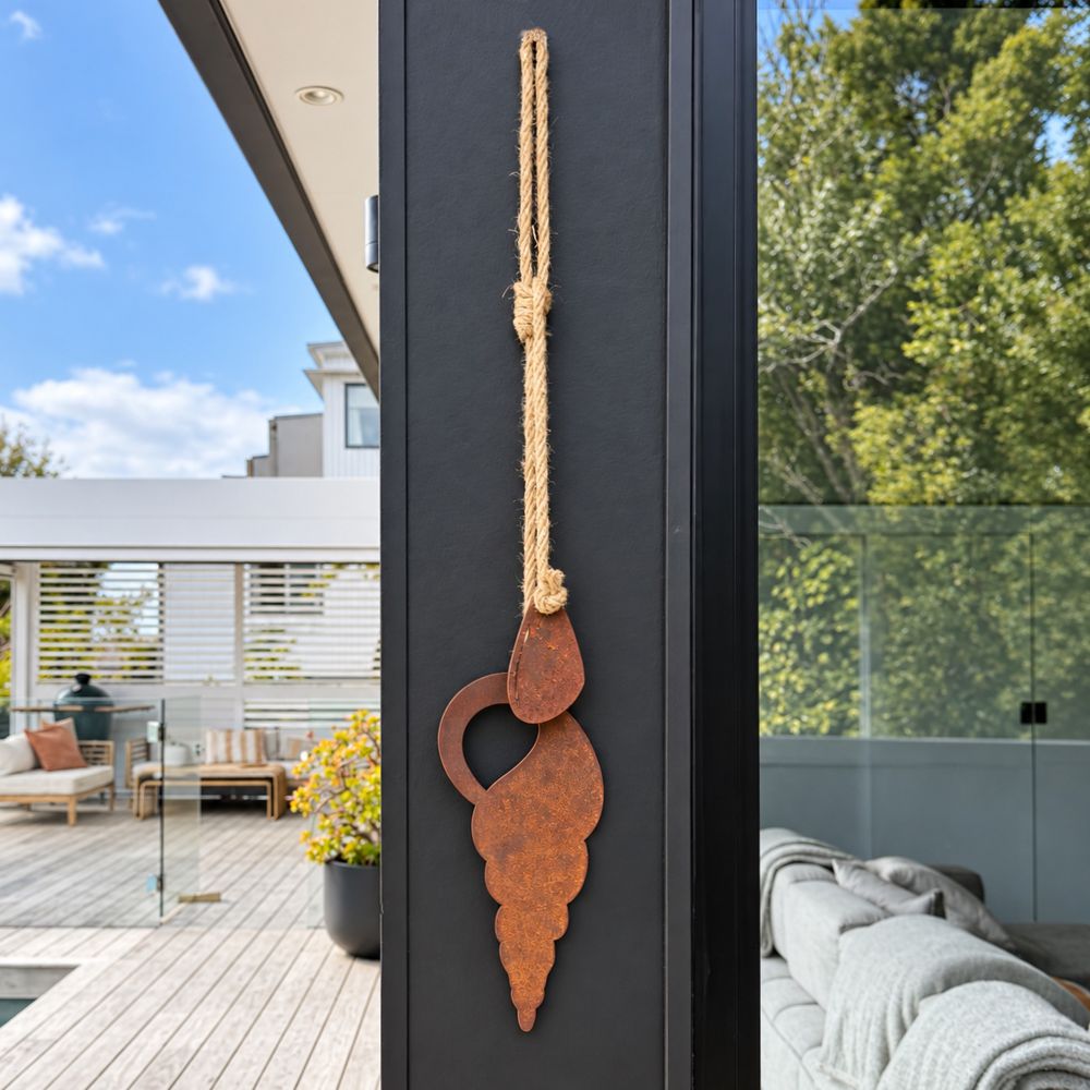 Corten steel shells wall hanging, two pre-rusted shells tied on rope, by LisaSarah Steel Designs NZ