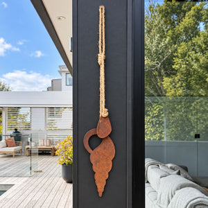 Corten steel shells wall hanging, two pre-rusted shells tied on rope, by LisaSarah Steel Designs NZ