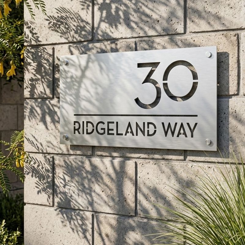 Custom address sign with modern house numbers on exterior wall of contemporary New Zealand home
