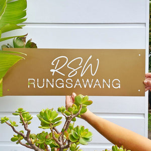 MAtte gold steel custom address sign by LisaSarah Steel Designs New Zealand. 