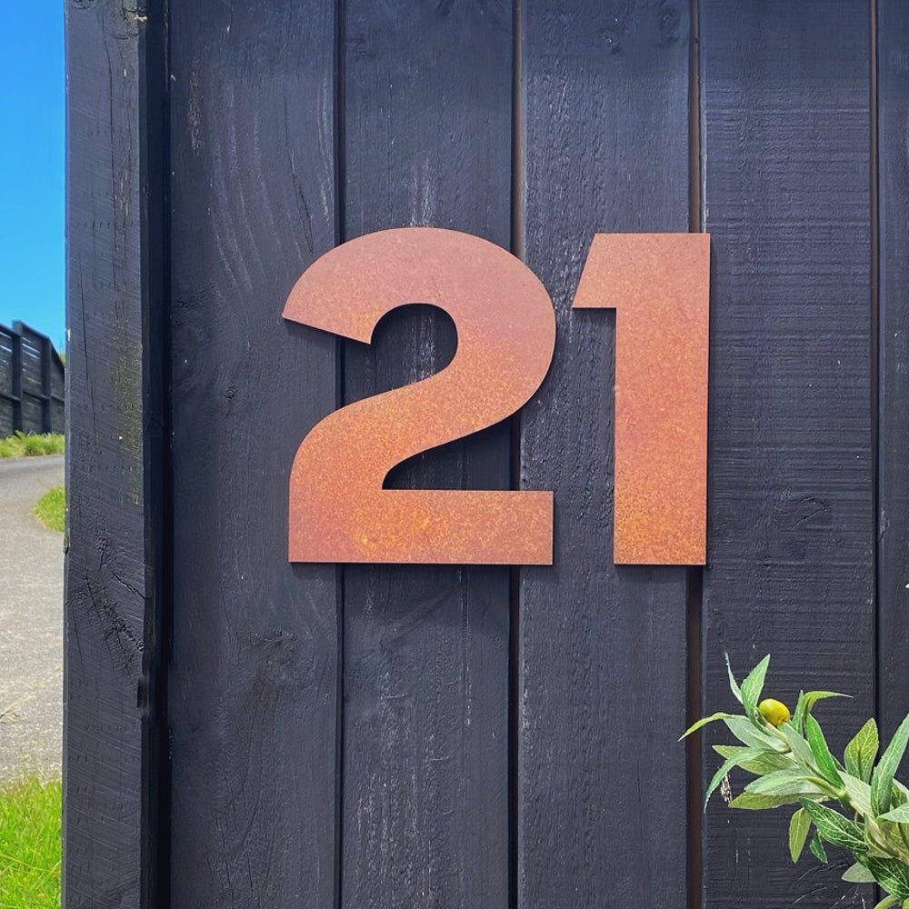 Large corten steel rustic house numbers.  Cool ideas for curb appeal by LisaSarah Steel Designs NZ