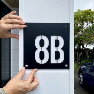 Modern square steel house number sign for letter box NZ