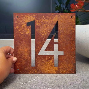 Corten steel square house number sign.  Made in New Zealand. 